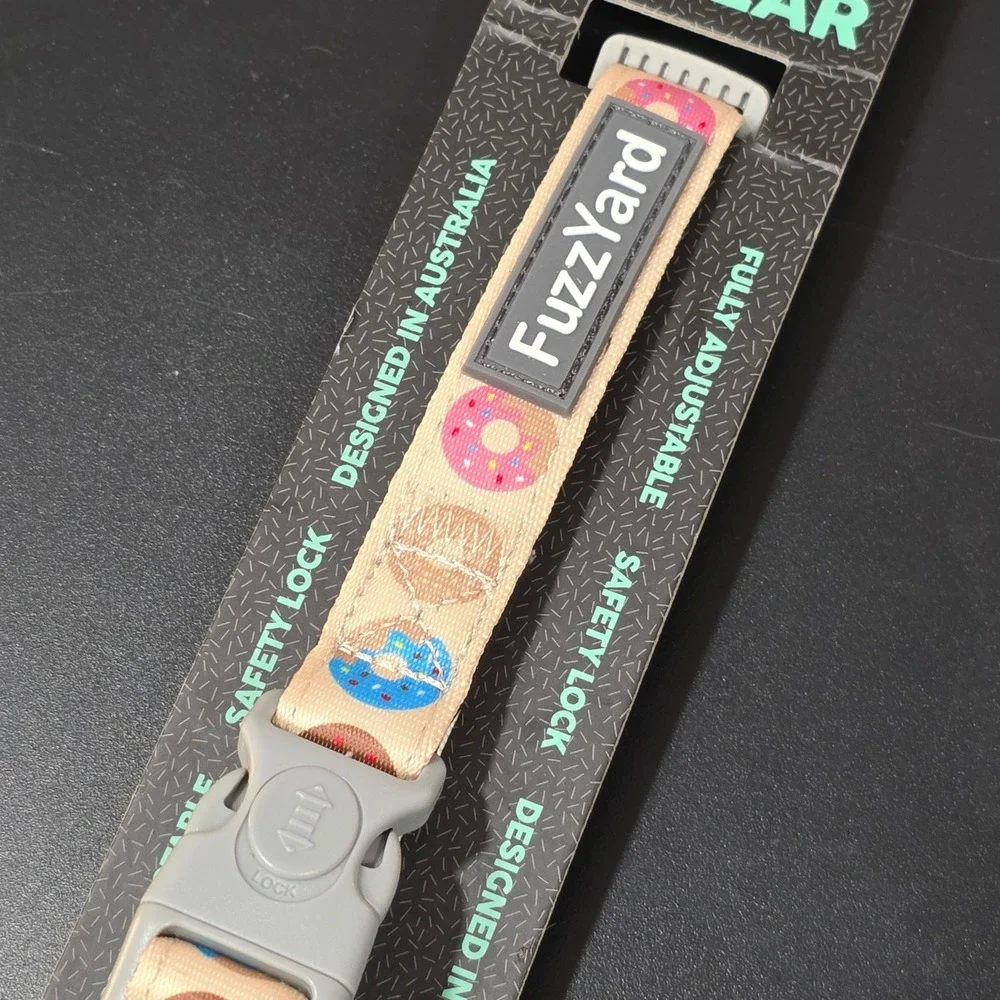 FuzzYard Donut Print Dog Collar Medium Tan Pink Blue Adjustable Safety Lock New